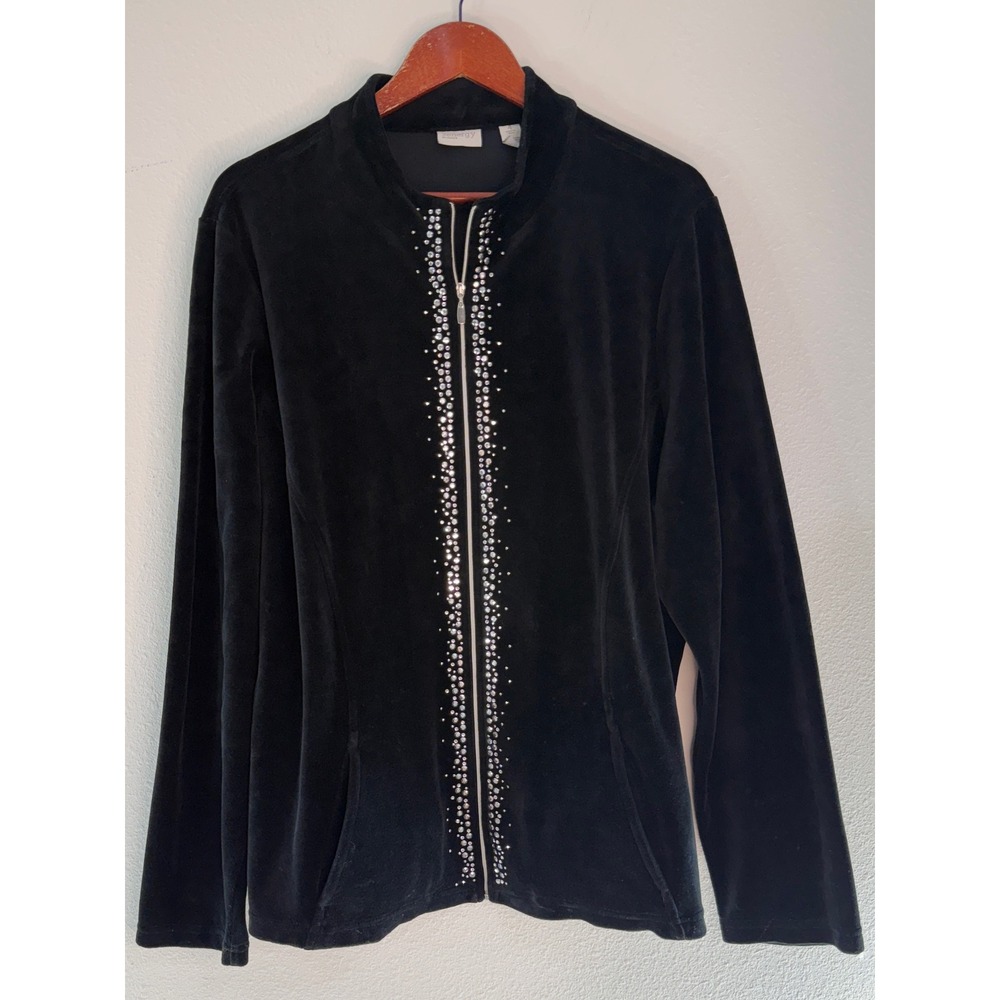 Chicos Zenergy Black Velvet Rhinestone Trim Jacket Full Zip Pockets 2X Fairy